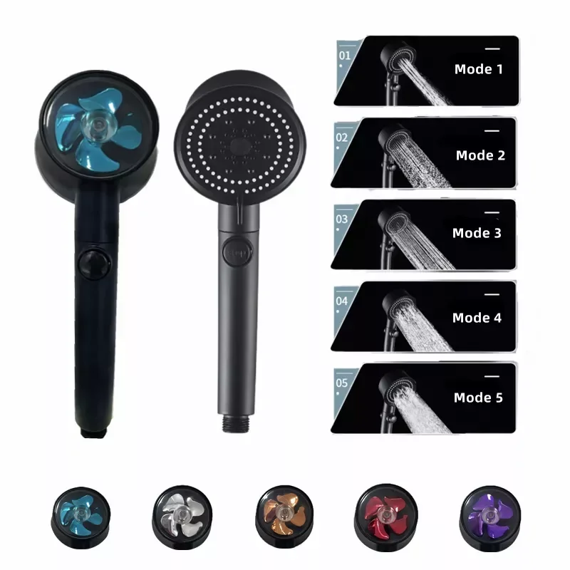 

Water Saving Shower Head Black High Pressure Turbo Shower One-key Stop Water Shower Head With Small Fan For Bathroom