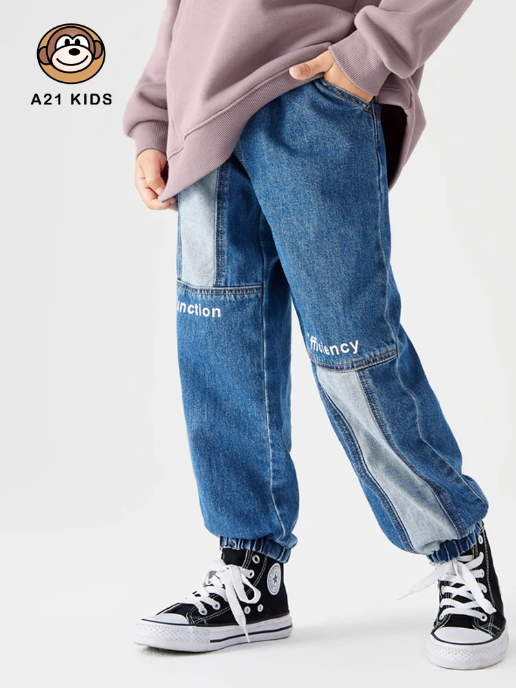 

A21 Boys Stretch High Waist Wide Leg Jeans 2022 Fall New Fashion Stitching Letter Print Sports Casual Denim Trousers Pants