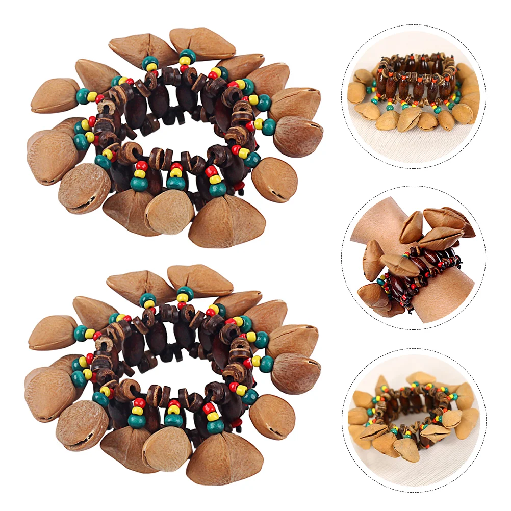 

2 Pcs African Nutshell Handbell Handmade Bracelets Wristband Percussion Wood Toy Tribal Style Bangles Bells