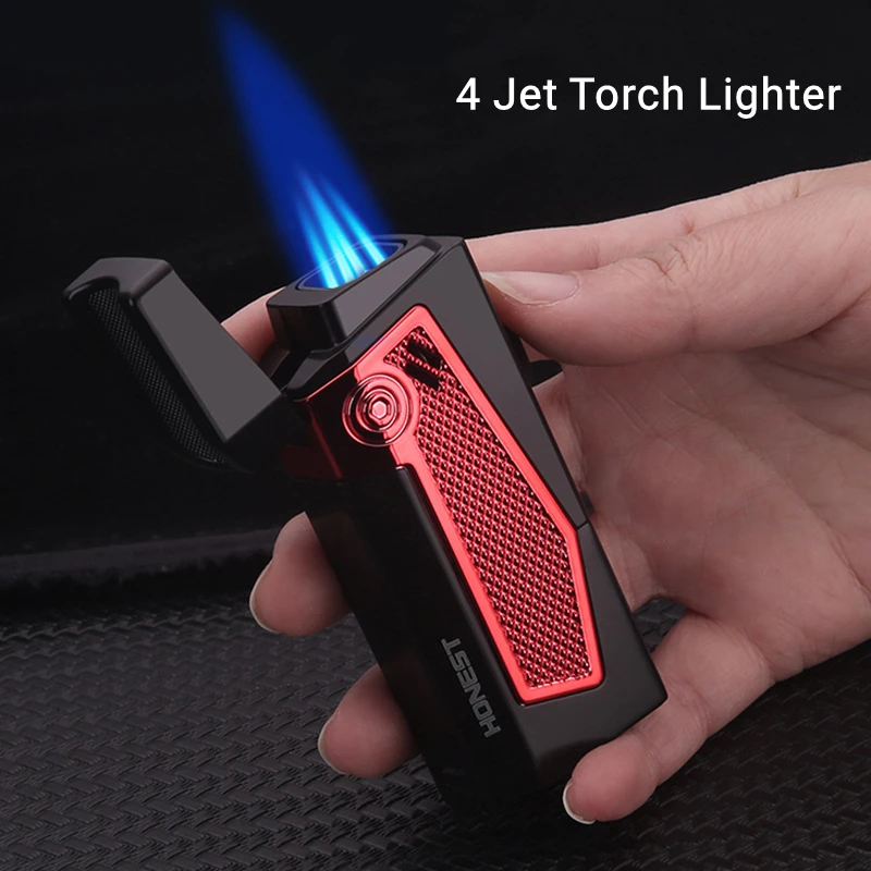 

HONEST Windproof Torch 4 Jet Cigar Lighter Inflated Gas Butane Cigarette Metal Lighters Cigar Punch Smoking Accessories Gadgets