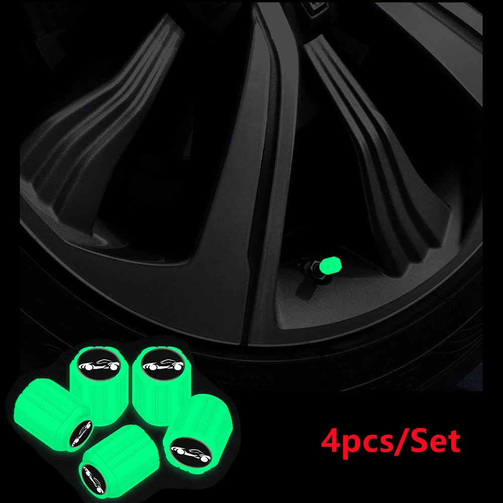 4 PCS Car Tire Valve Cap Luminous Tire Valve Stem Cap Rubber Universal Fluorescent Green Car Tire Cap Decor Car Accessories