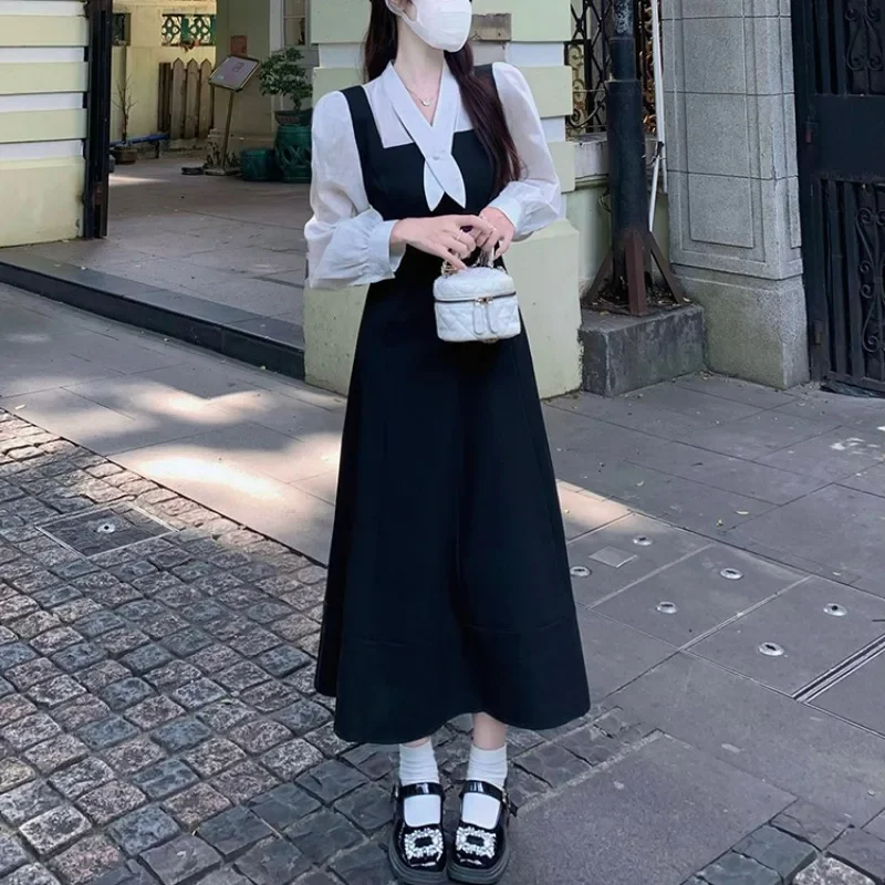 Осенняя новая женская одежда утягивающее платье во французском стиле черное с