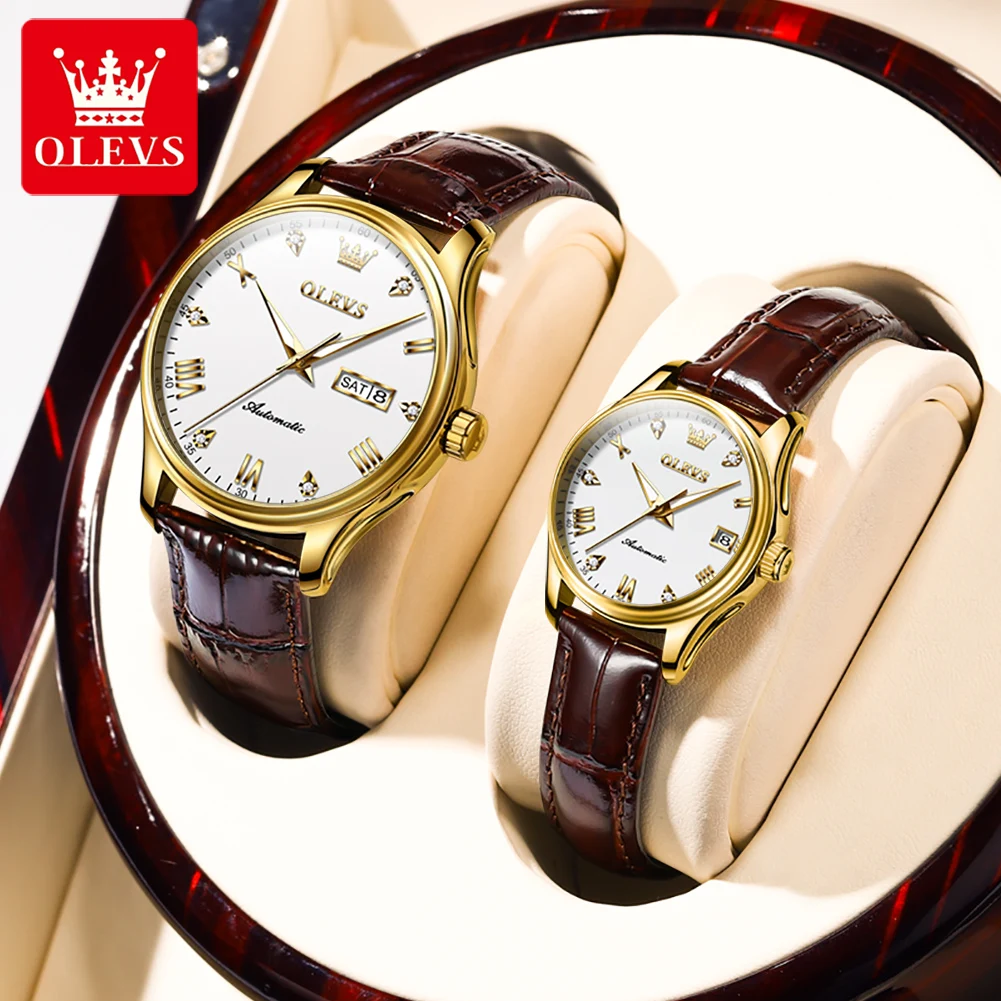 OLEVS Couple Automatic Mechanical Watch Sets For Men And Women Top Brand Luxury Waterproof Leather Week Date Watches For Lovers