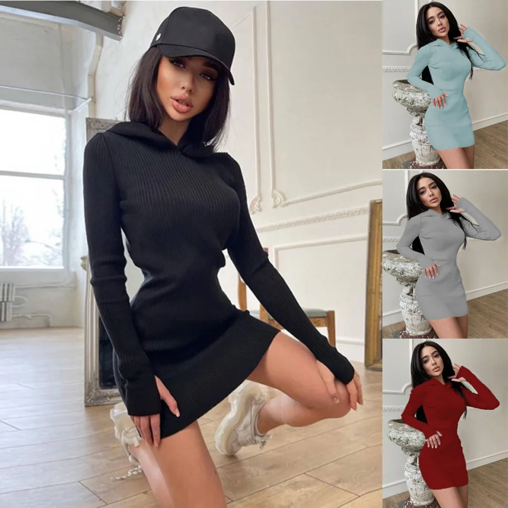 

Autumn Winter Knitted Mini Dress for Women Clothing Cotton Hooded Long Sleeve Woolen Bodycon Vestidos Sweater Dress