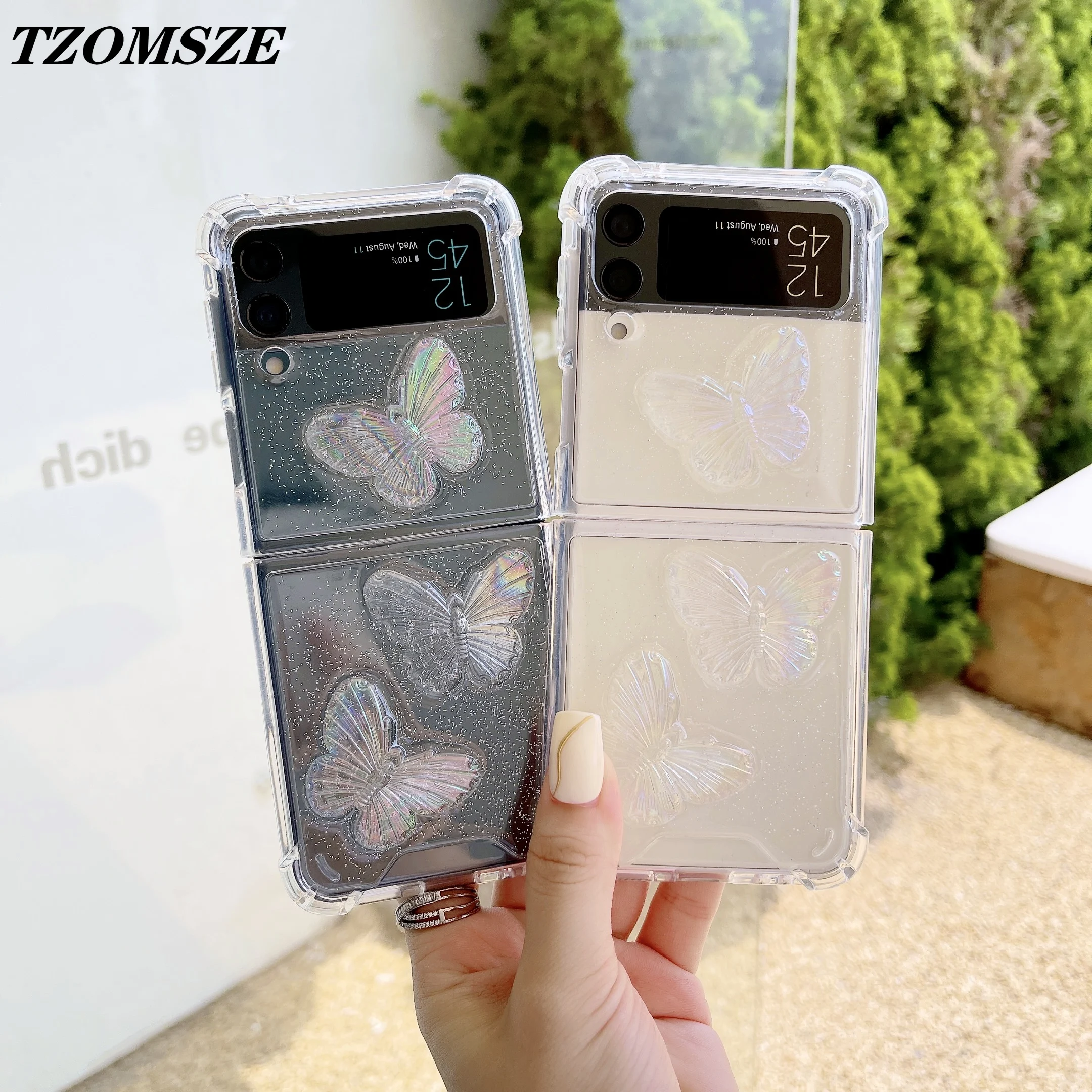 

Z Flip 4 Clear Crystal Phone Case for Samsung Galaxy Z Flip 3 SM-F7110 2 1 Back Cover Glitter Color Butterfly Shockproof Shell