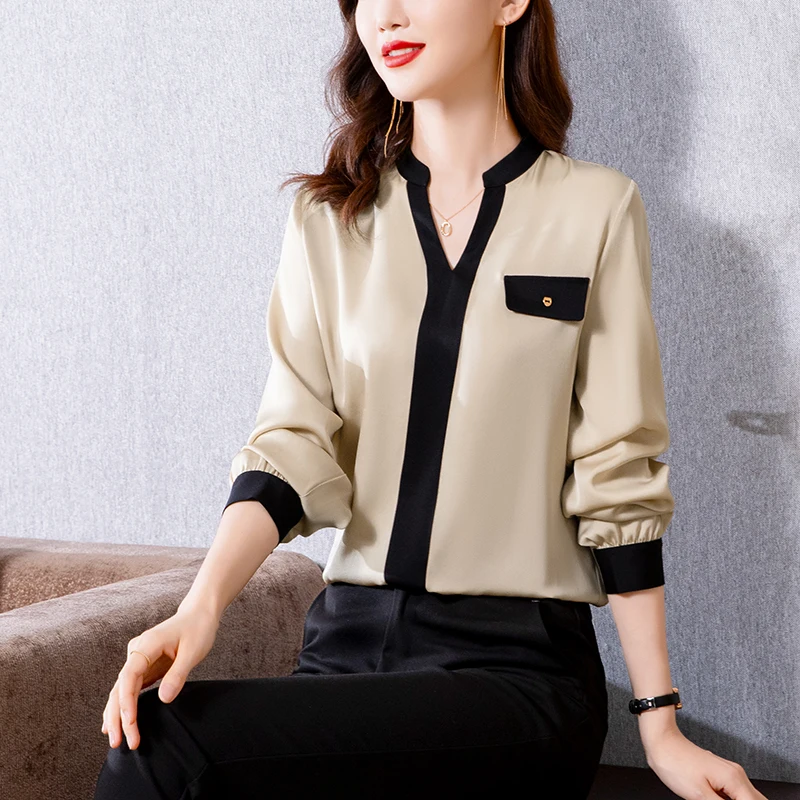 

Satin Loose Women's Shirts New Fashion Blouses Casual Long Sleeve Top Splicing V-neck Summer