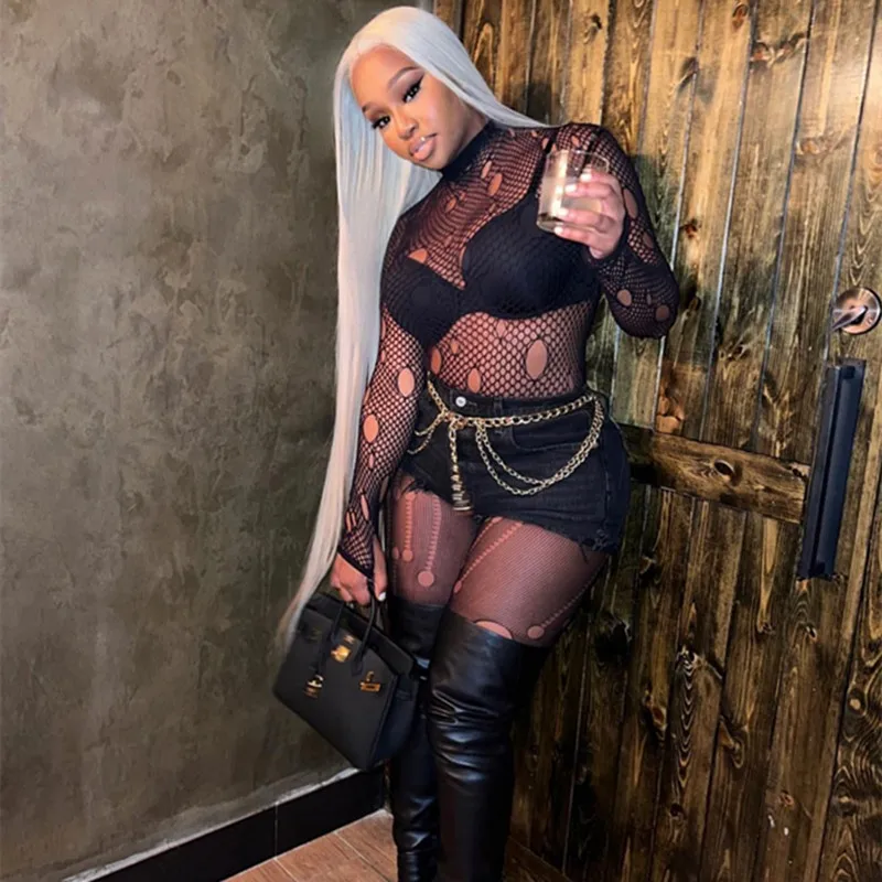 

BKLD Women Clothing 2022 Fashion Black Mesh Tshirt Sheer Top Nightclub Party Long Sleeve Round Neck Sexy Hollow Out Fishnet Top