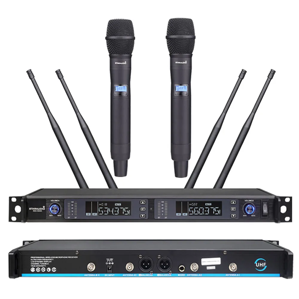 

2CH Wireless Handheld Mic 2 Channel Dynamic UHF Microphone Receiver System For Church KTV Sing Song Wedding Party Microphone
