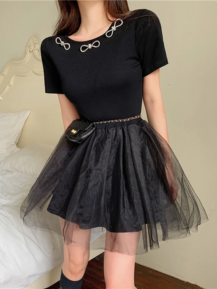 

JMPRS Luxury Diamond Bow Women Mini Dress Short Sleeve Black Elegant Mesh Party Dress Korean High Waist Casual Ladies Vestidos