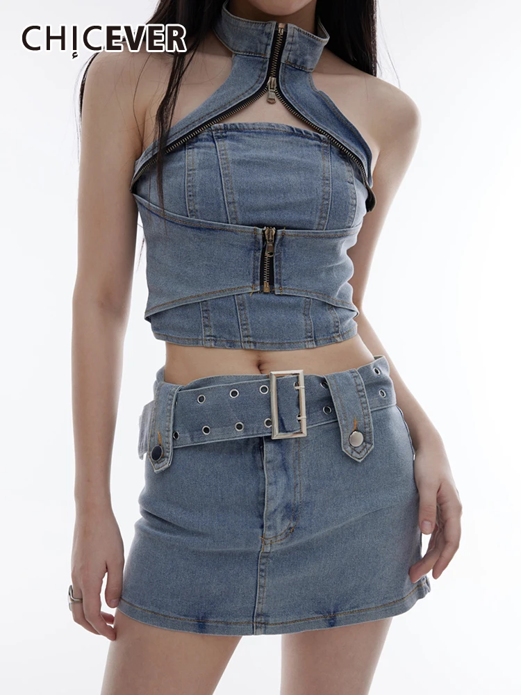 

CHICEVER Slim Denim Two Piece Sets For Women Halter Sleeveless Spliced Zipper Tosp High Waist A Line Mini Skirt Solid Set Female