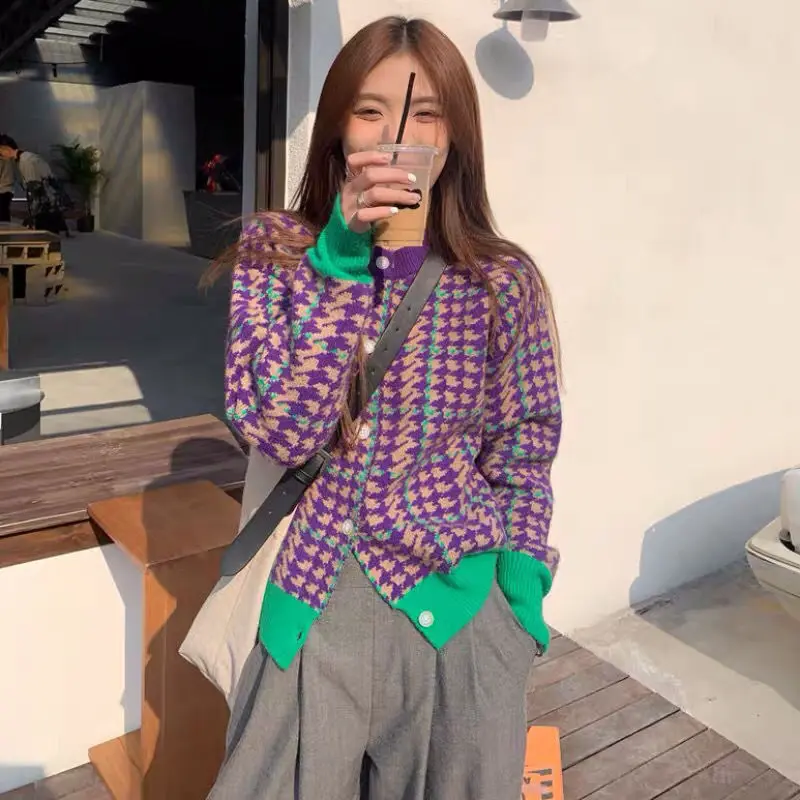 

DAYIFUN/2022 женский весенний вязаный кардиган в стиле пэчворк с круглым вырезом и пуговицами, Прямые классические топы