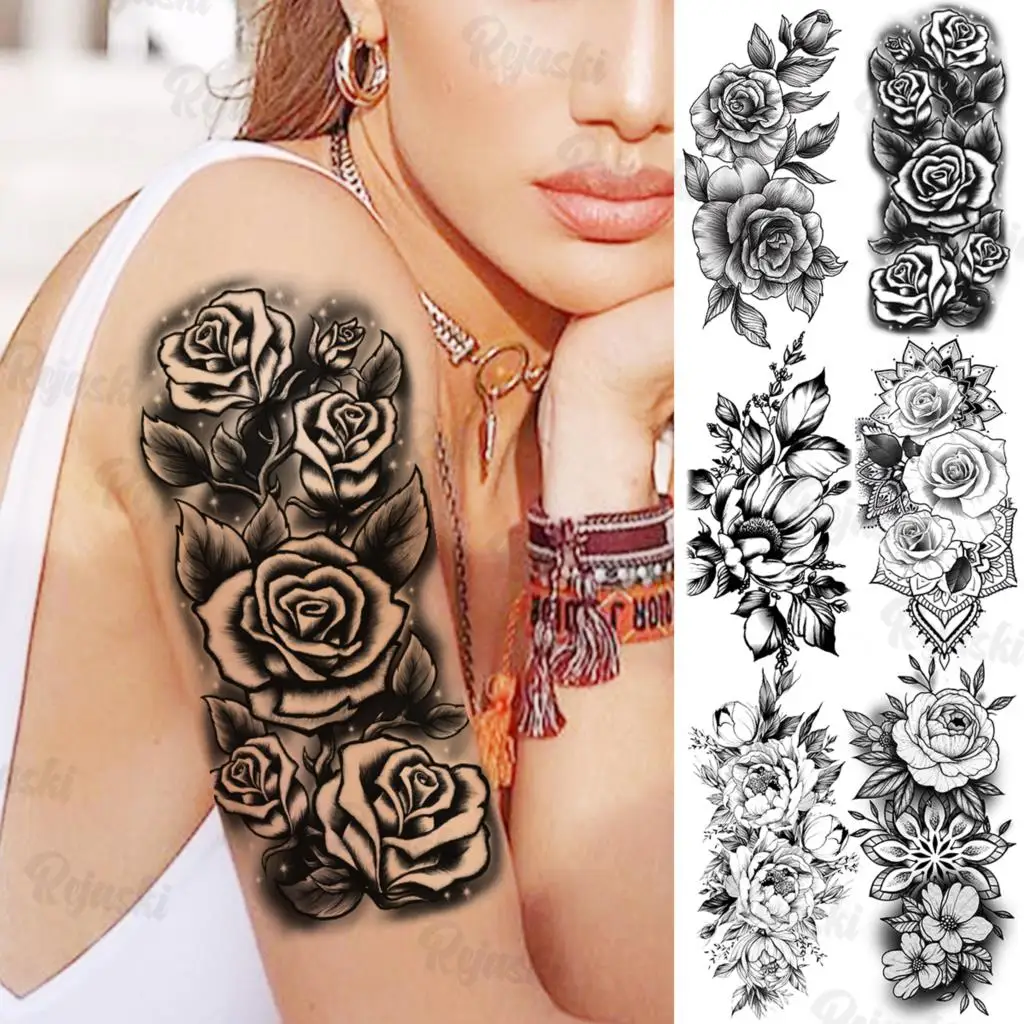 

Large Rose Flower Temporary Tattoos For Women Girls Realistic Mandala Flora Henna Fake Tattoo Sticker Arm Body Waterproof Tatoos