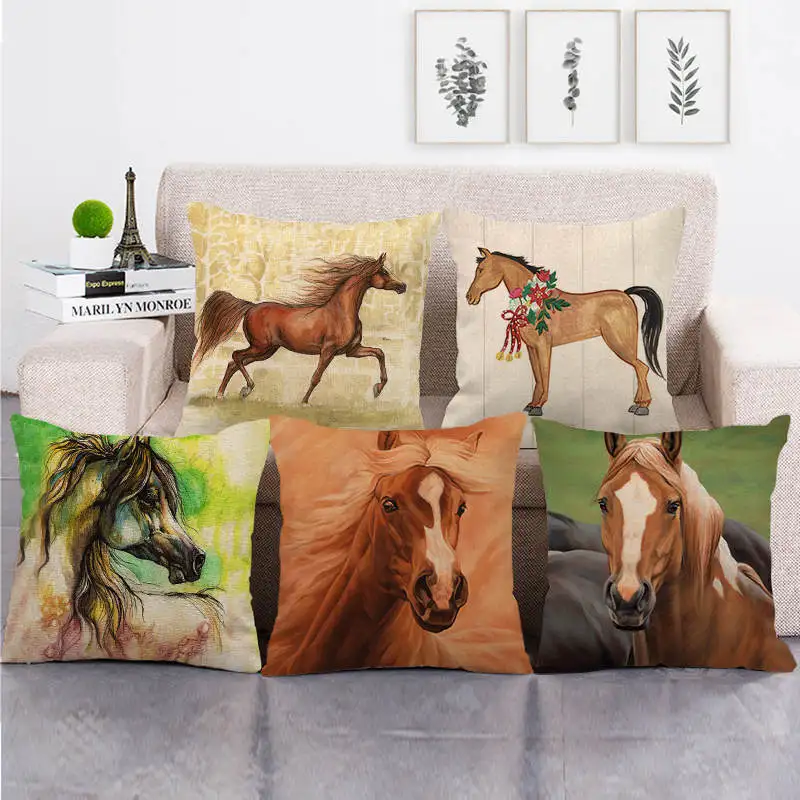 

Animals Print Cushion Cover Cute Horse Pattern Office Sofa Pillow Case Nordic Home Decoration Linen Throw Pillow Cover 45x45cm