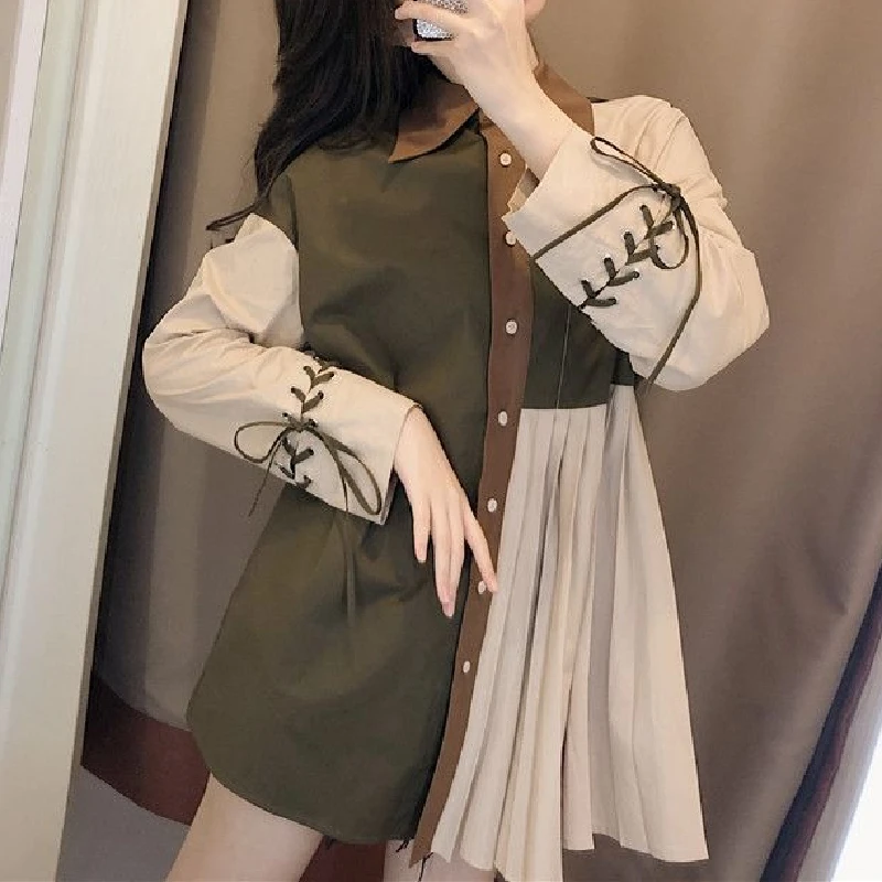 

Autumn Women Chiffon Blouse Casual Irregular Loose Single Breasted Tops Patchwork Long Sleeve Shirts Blusas Mujer Female