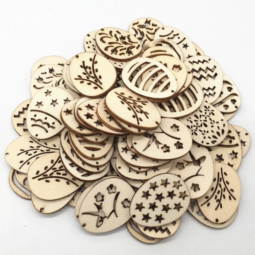 

100pcs Easter Egg Shape Wooden Slices Kids DIY Craft Hanging Ornament Easter Wooden Pieces Pendant Hollow Out Wood Cutouts DIY
