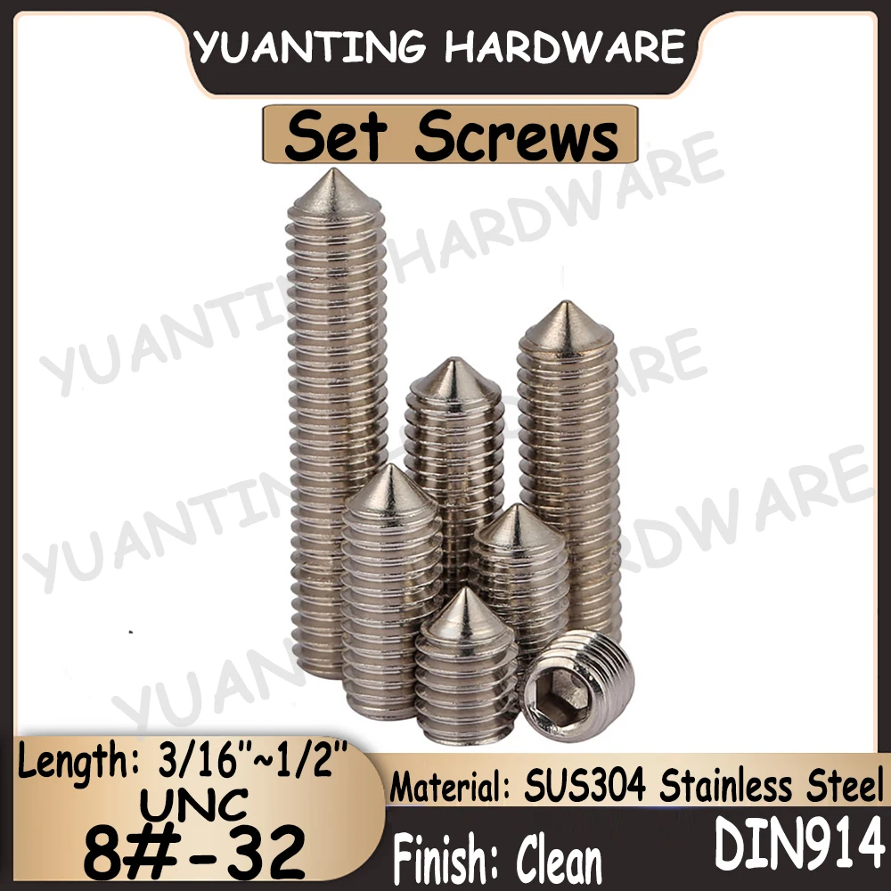 

10Pcs DIN914 UNC 8#-32x3/16''~1/2'' SUS304 Stainless Steel Hexagon Socket Set Screws With Cone Point Headless Screws Grub Screws