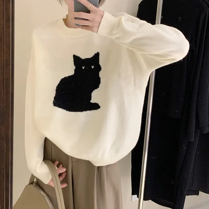 

Cute Cat Jacquard Pullover Knitted Sweater Autumn and Winter Women's Y2K Fashion Casual Versatile Loose Top