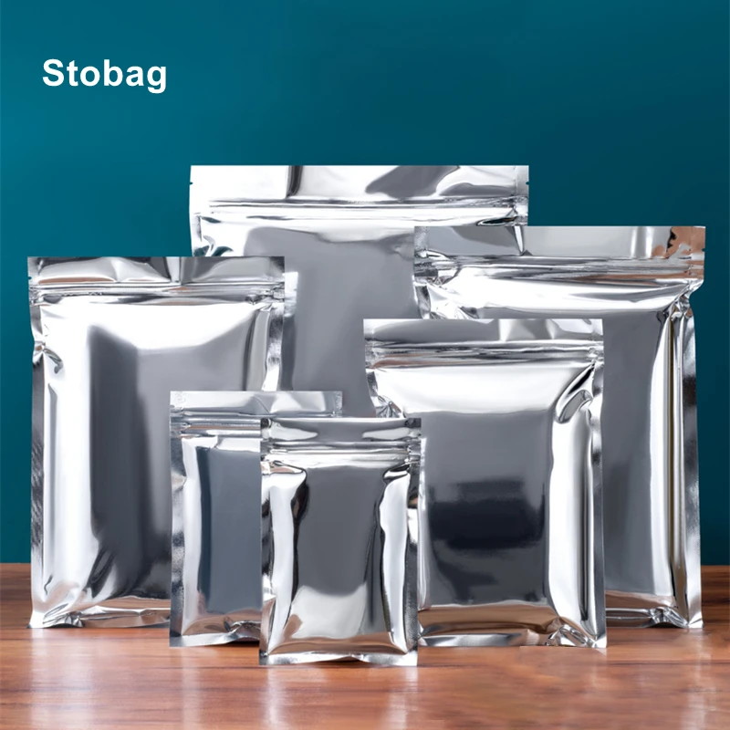 

StoBag 100pcs Food Packaging Ziplock Bag Sliver Glossy Aluminized Foil Sealed Storage for Tea Nuts Candy Resealable Pouches Logo