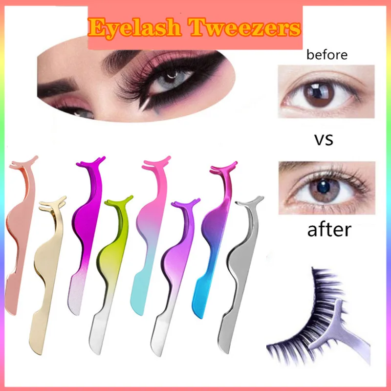 

1Pcs False Eyelashes Aid Lash Tweezers Bulk Stainless Steel Eyelash Tweezers 8colors False Eyelash Clip Beauty Makeup Tool Girls