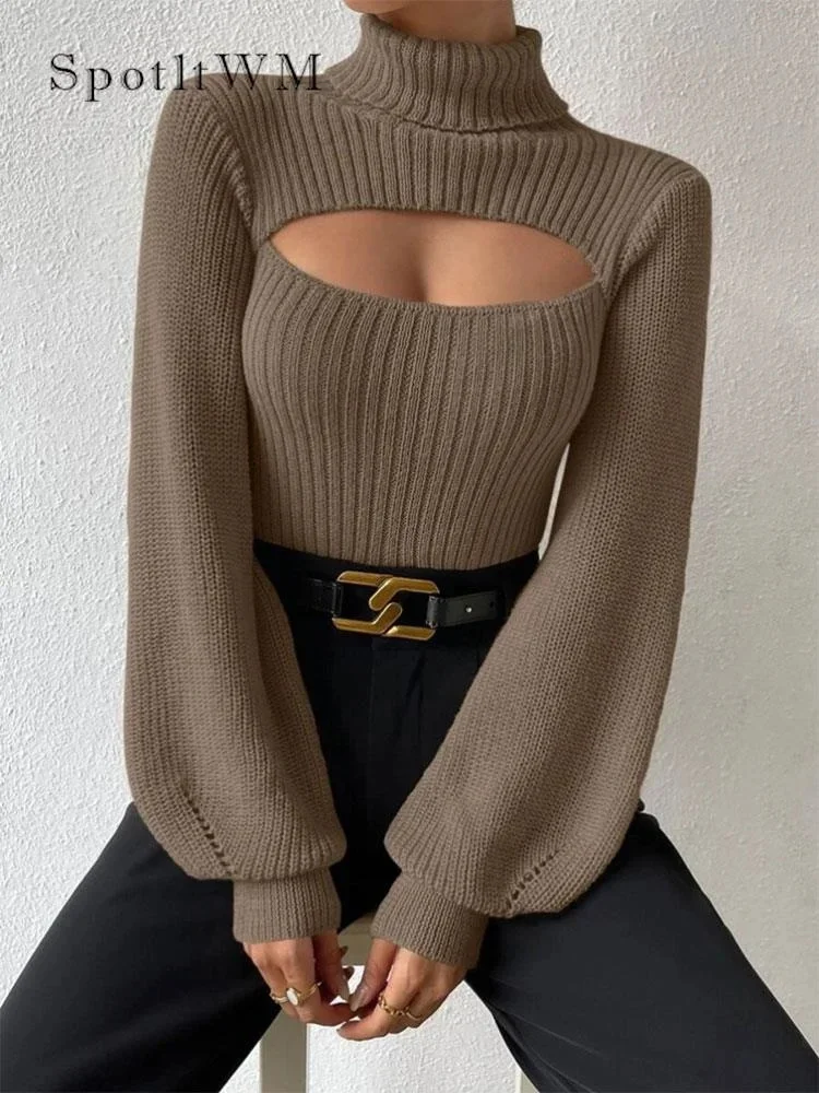 

Women Sexy Solid Turtleneck Knitted Sweater Long Sleeve Hollowed Out Pullover Female Fashion Comfort Casual Slim Outerwear