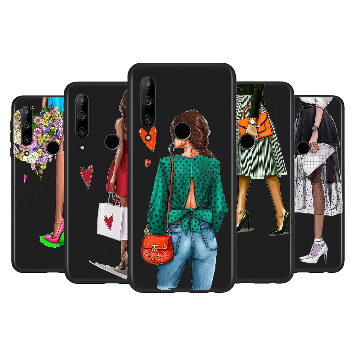 

Fashion High heels Girl Silicone Cover For Huawei P50 P40 P30 P20 Pro P10 P9 F8 Lite E Plus 2016 5G Black TPU Phone Case