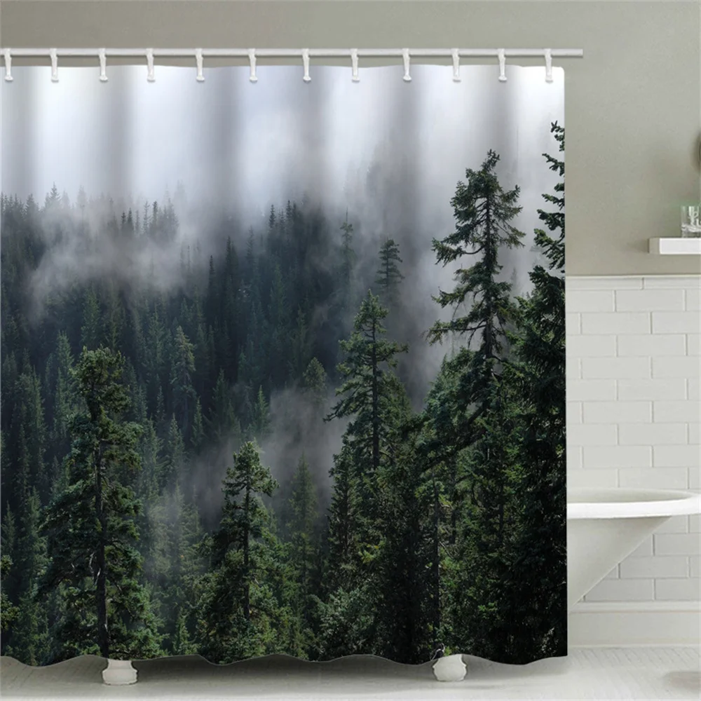

Foggy Forest Shower Curtain Garden Decoration Chinese Style Ink Painting Mountain Tree Window Curtain Waterproof Scenic Curtains