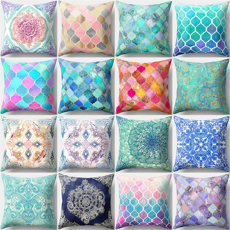

45x45cm Geometric Pillowcase Colorful Flower Leaves Plant Cushion Pillow Cover Bedroom Sofa Living Room Home Decoration