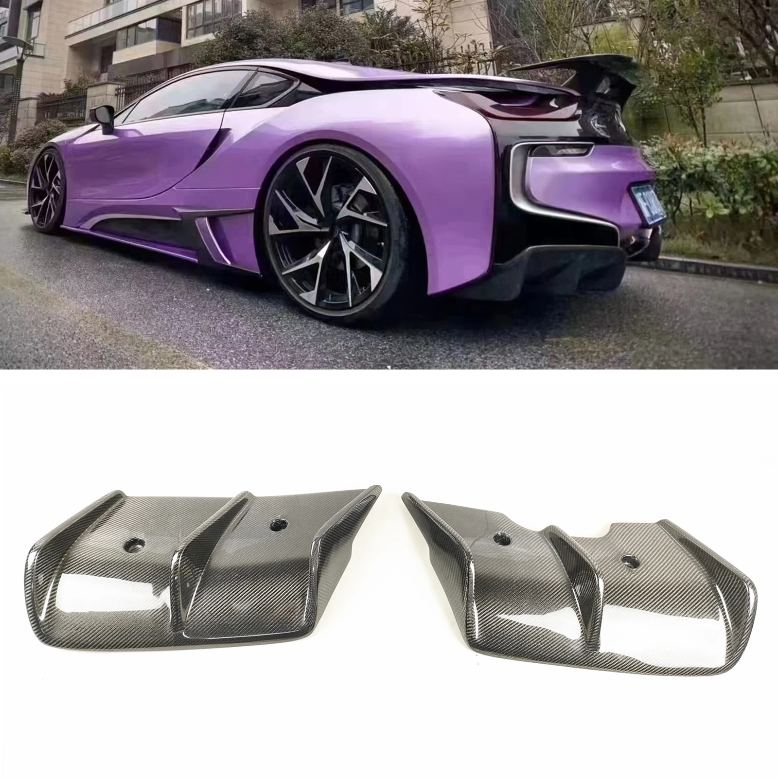 

2pcs Rear Bumper Diffuser Side Splitter Cover For BMW i8 2014-2020 2-Door Real Carbon Fiber Car Boot Lower Guard Plate Spoiler