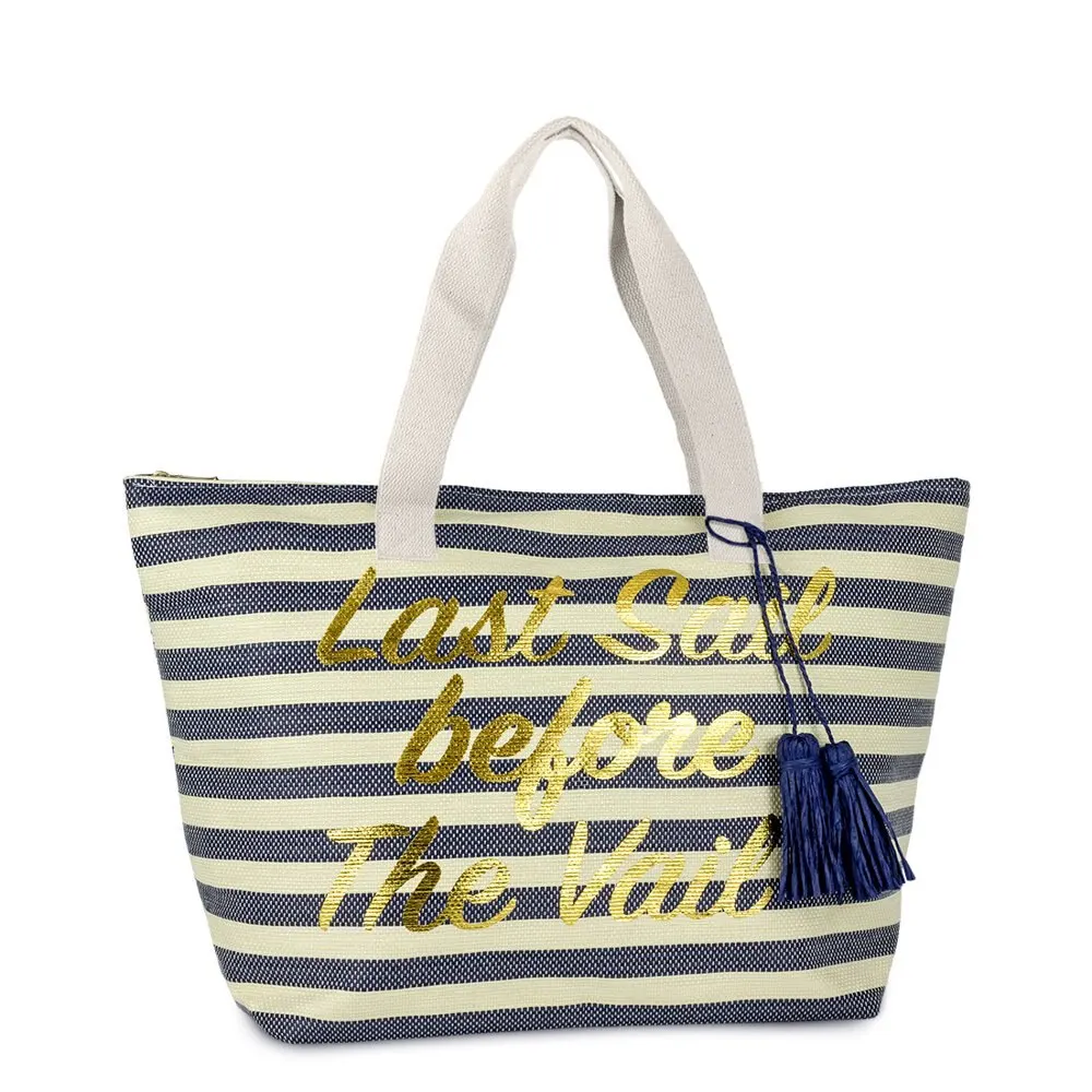 

2023 NEW Women`s Stripe Paper Straw Last Sail Before The Vail Insulated Beach Tote Bag with Metallic Words Tassel and Flat Hand