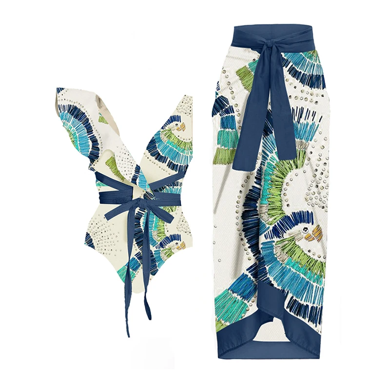 

One piece Swimwear Women Green Print Sexy Deep V Bikini Set and Cover Up Summer Holiday Beach Wear High Waist Backless Swimsuit