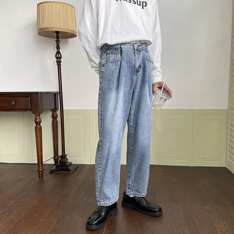 Korean Style Blue Jeans Men's Fashion Casual Straight Jeans Men Streetwear Loose Wide Legs Denim Pants Mens Trousers S-XL