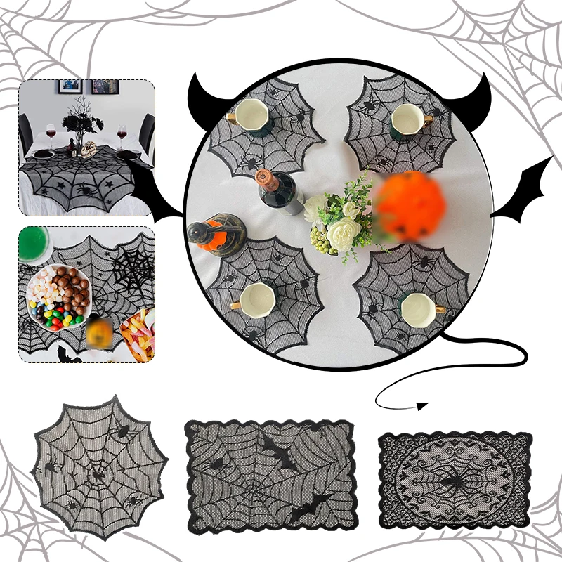 

4pcs Black Spider Web Lace Tablecloth Bat Table Runner Placemat Lamp Cover Fireplace Decor Halloween Party Horror House Props