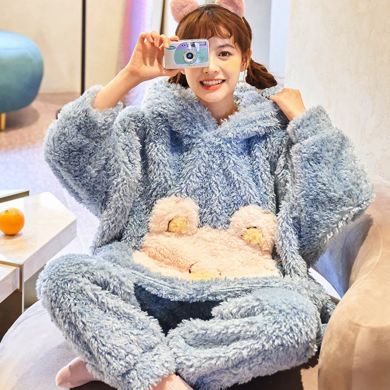 FUNISHI Winter Pajamas Cartoon Loose Version Hooded Pajama Set Inspissate Women Sleepwear Keep Warm Plush Plus Size 3XL Nighty