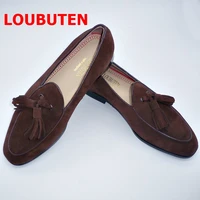 loubuten coffee color suede men dress shoes handmade fashion tassel loafers italian summer leather casual shoes