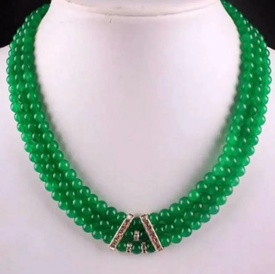 Fine jewelry Fashion 3Rows 6mm Green Emerald 8mm Ruby Gemstone Round Beads Necklace17-19'𧪪