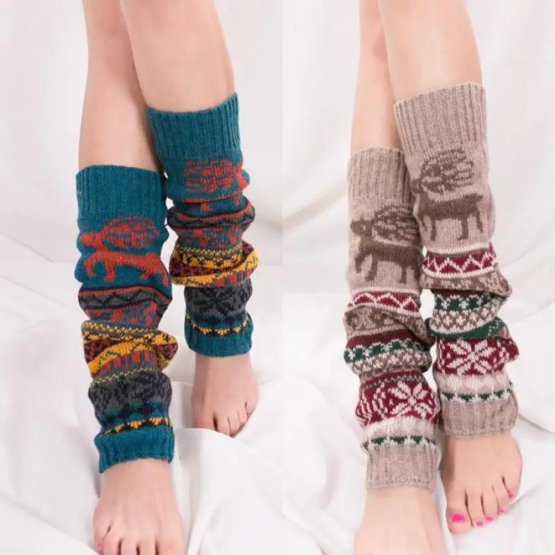 Women's Leg Warmers Knitted Warm Thigh High Socks Lolita Long Socks Camouflage Ethnic Style Bunching Crochet Calf Socks