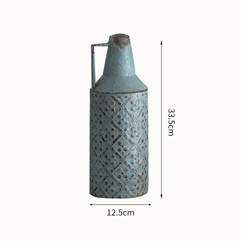 

Vintage Small Calibra Embossed Flower Vase With Handle Rustic Iron 13.1inches Height Home Decoration