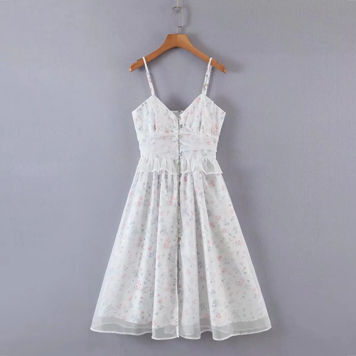 

Organza suspender print dress female 2022 summer ins blogger temperament waist and thin single-breasted long skirt