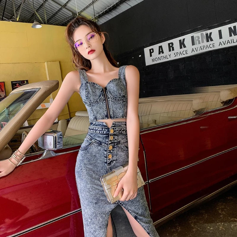 

Summer Women's Retro Elegant Two Piece Set Female Sleeveless Top and A-Line Denim Skirts Suit Ladies Two Piece Sets Clothing A69