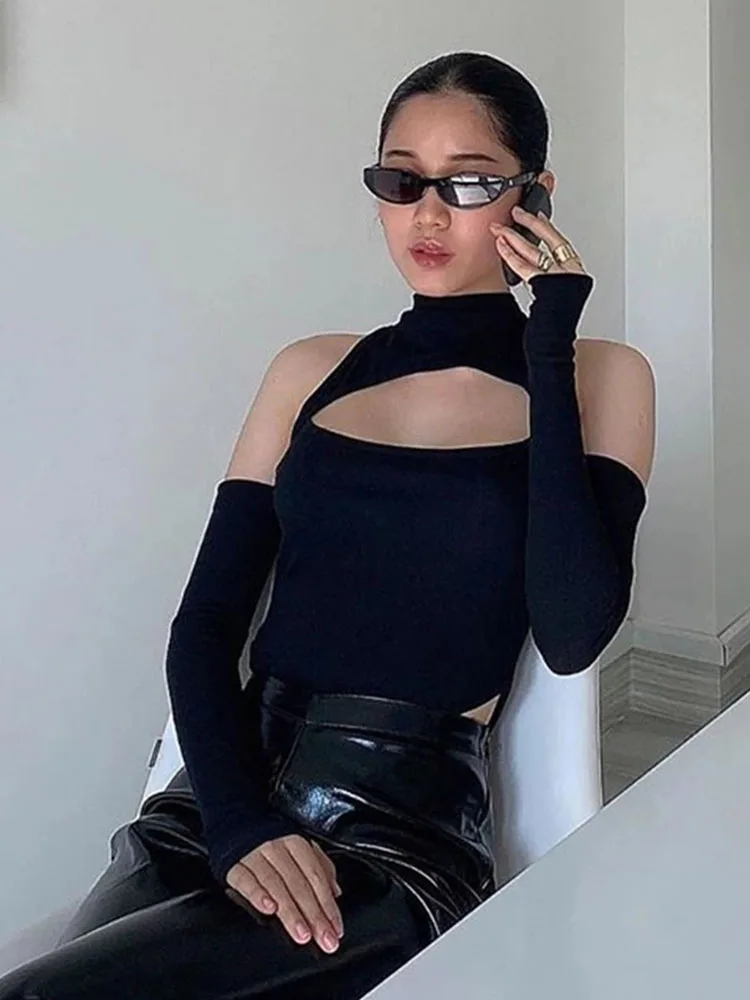 

Женское боди с длинным рукавом, однотонный комбинезон с открытыми плечами и высоким воротником