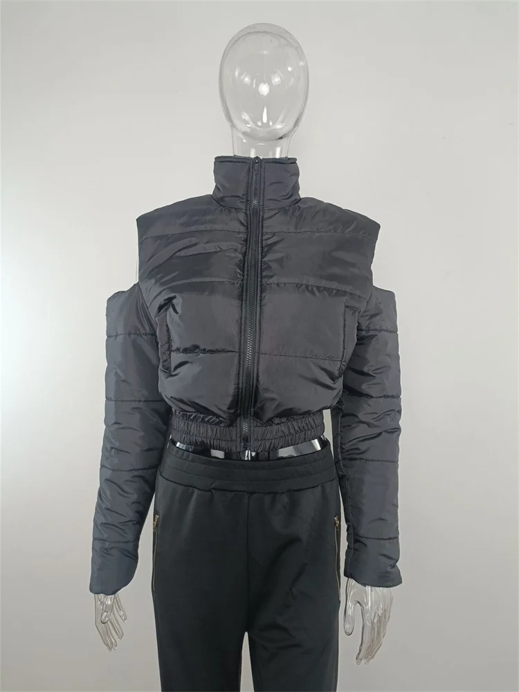 Fashion Hollow Out Winter Keep Warm Coats Puffer Jackets For Women Long Sleeve Zipper Crop Top Bubble Casual Outwear Wholesale