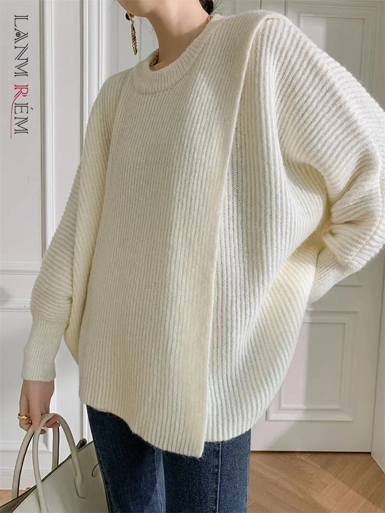 

[LANMREM] Knitting Pullover Loose Sweater For Women Solid Round Neck Long Sleeve Tops Elegant Female 2023 Autumn New 26D5174