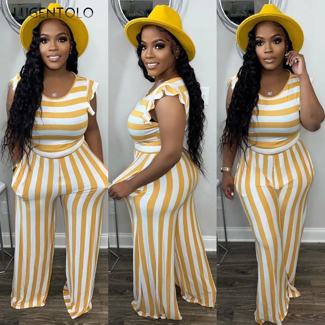 

Women Summer Jumpsuits Causal Loose Round Neck Sleeveless Stripe Female Lotus Leaf Sleeves Long Straight Jumpsuit