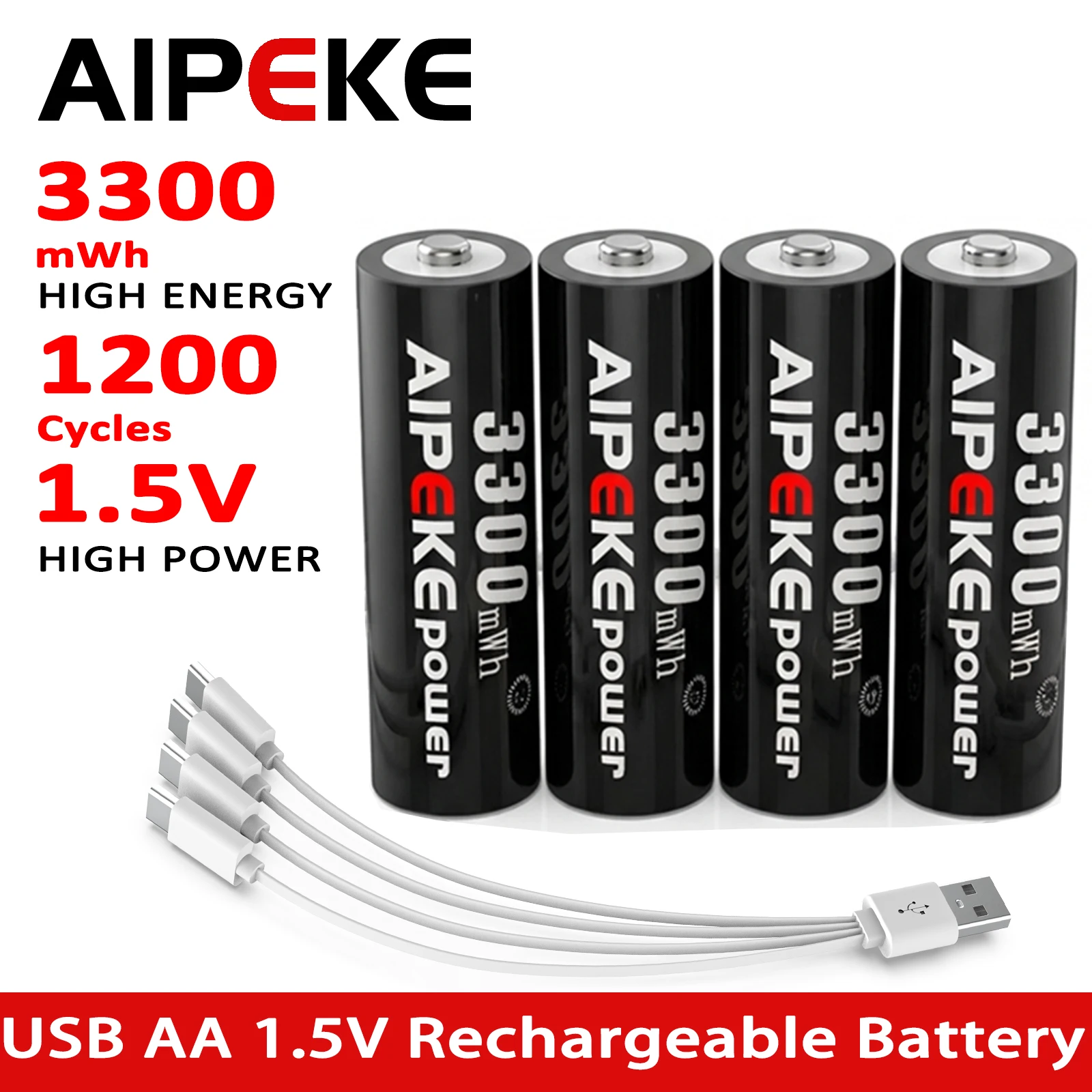 Фото Аккумуляторы AIPEKE Aa перезаряжаемые, 3300 мАч, 1.5 В, литиевые батареи Aaa 1000 мАч, зарядка через USB Type-C, многоразовые, до 1200 циклов зарядки. №1