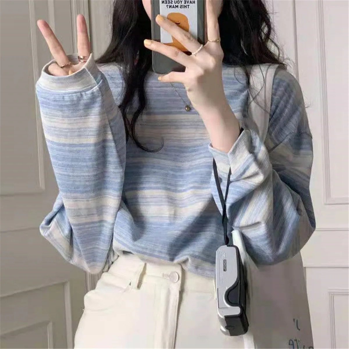 

Синяя Женская футболка в стиле хип-хоп, осенняя одежда в стиле оверсайз, женские топы в полоску, футболки в стиле бойфренда, забавная свободн...