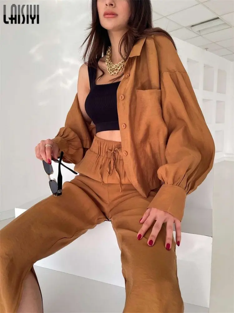 

Lounge Wear Tracksuit Women Autumn Pants Set Loose Long Sleeve Shirt Tops High Waist Wide Leg Pants 2022 Summer Two Piece Outfit