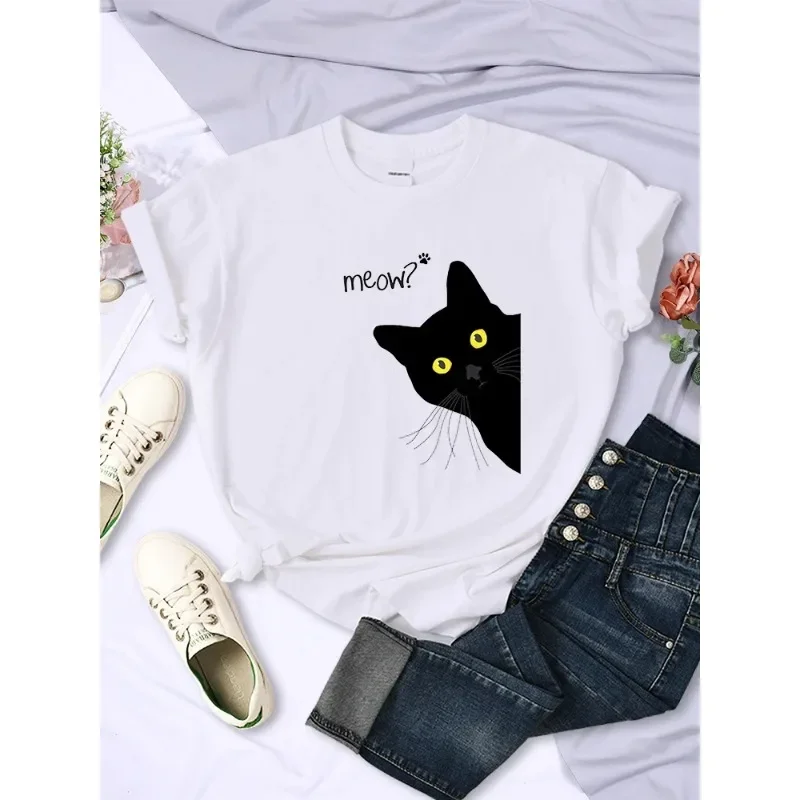 Повседневная женская футболка с принтом Meow Black Cat в стиле хип-хоп