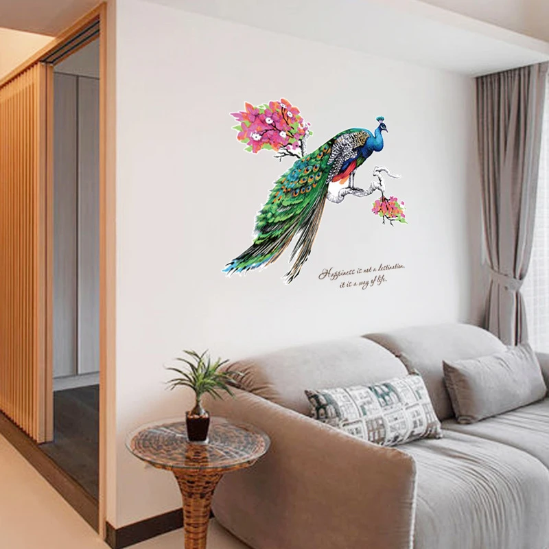 

Colorful Peacock On Tree Branch Wall Stickers Living Room Bedroom Decoration Background Mural Home Art Decals Removable Poster