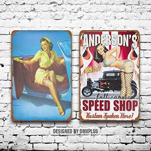 

Metal Sign (Set of 2) Tin Signs 1 Speed Shop Custom Spoken Here! Sexy Pinup Girl Vintage Look Wall Decoration Home Decor Plaque