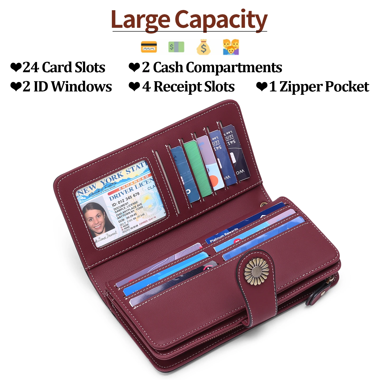 Women PU Leather Long Wallet Vintage Coin Purses Large Capacity Cellphone Clutch Card Holder Ladies Zipper Purse